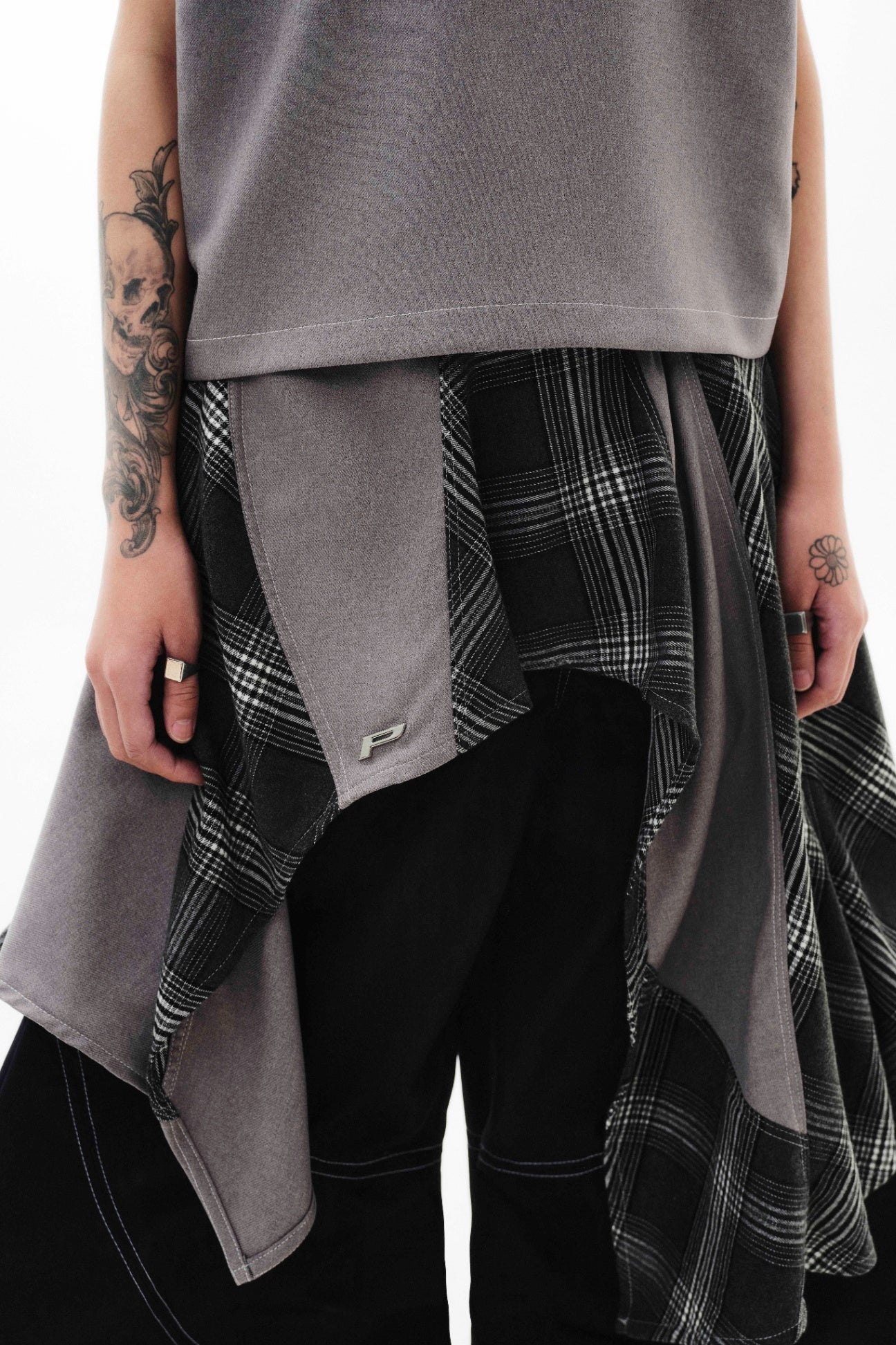 P Plaid Zip Layering Skirt in Grey